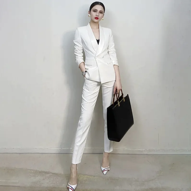 2024 Spring Autumn Women's Slim Suit Leggings Pants Solid Color White Suit Office Lady Professional Formal Wear Two-piece Set