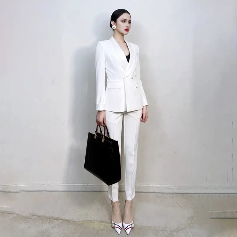 2024 Spring Autumn Women's Slim Suit Leggings Pants Solid Color White Suit Office Lady Professional Formal Wear Two-piece Set