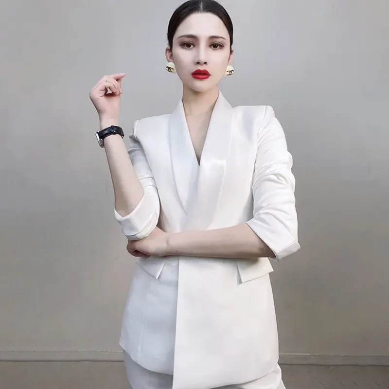 2024 Spring Autumn Women's Slim Suit Leggings Pants Solid Color White Suit Office Lady Professional Formal Wear Two-piece Set