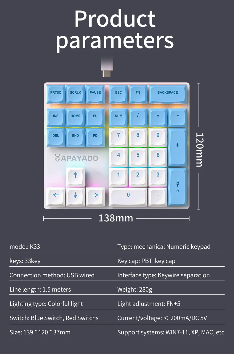 33 Key Wired Mini Mechanical Numeric Keypad with Multi-color Lights Suitable for Finance, Business, Laptop Numeric Keyboard