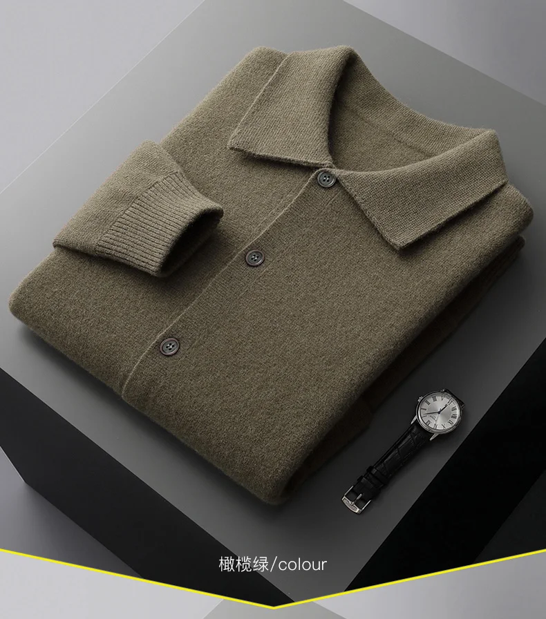 100% Merino Wool Men's Lapel Knit Cardigan 2023 Autumn and Winter Thickened Long Sleeved Suit Shirt Cashmere sweater Jacket Coat