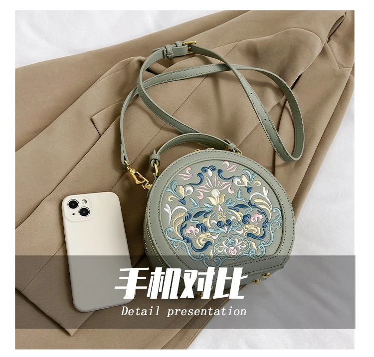 2024 National Embroidered PU Leather Small Handbag Round Shape Women Shoulder Bag Fashion Designer Purses Cross Body Bags