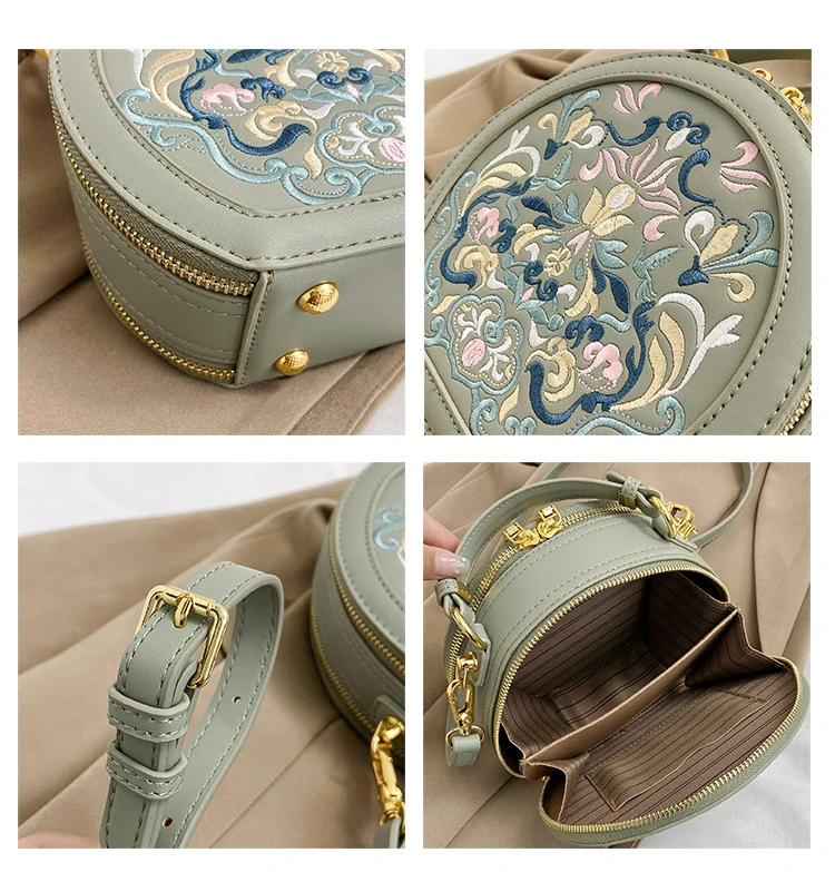 2024 National Embroidered PU Leather Small Handbag Round Shape Women Shoulder Bag Fashion Designer Purses Cross Body Bags