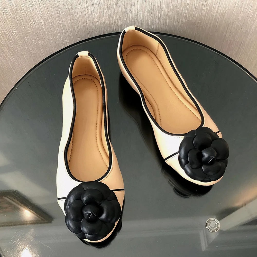 Luxury Ballet Flats Women Genuine Leather Soft Foldable Sweet Camellia Flats Elegant Office Lady Work Shoes Slip-On Casual Shoes