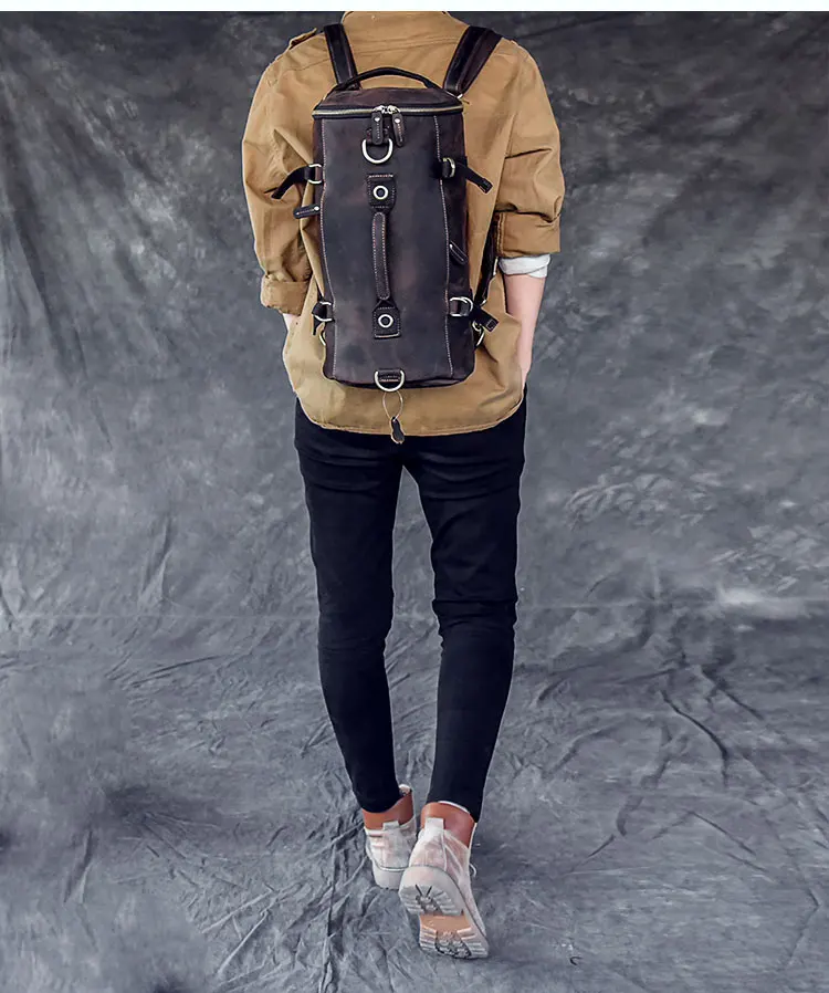 Genuine Leather Backpack Men Handbag Shoulder Crossbody Bag Male Small Travel Back Pack Bucket Bags Crazy Horse Leather