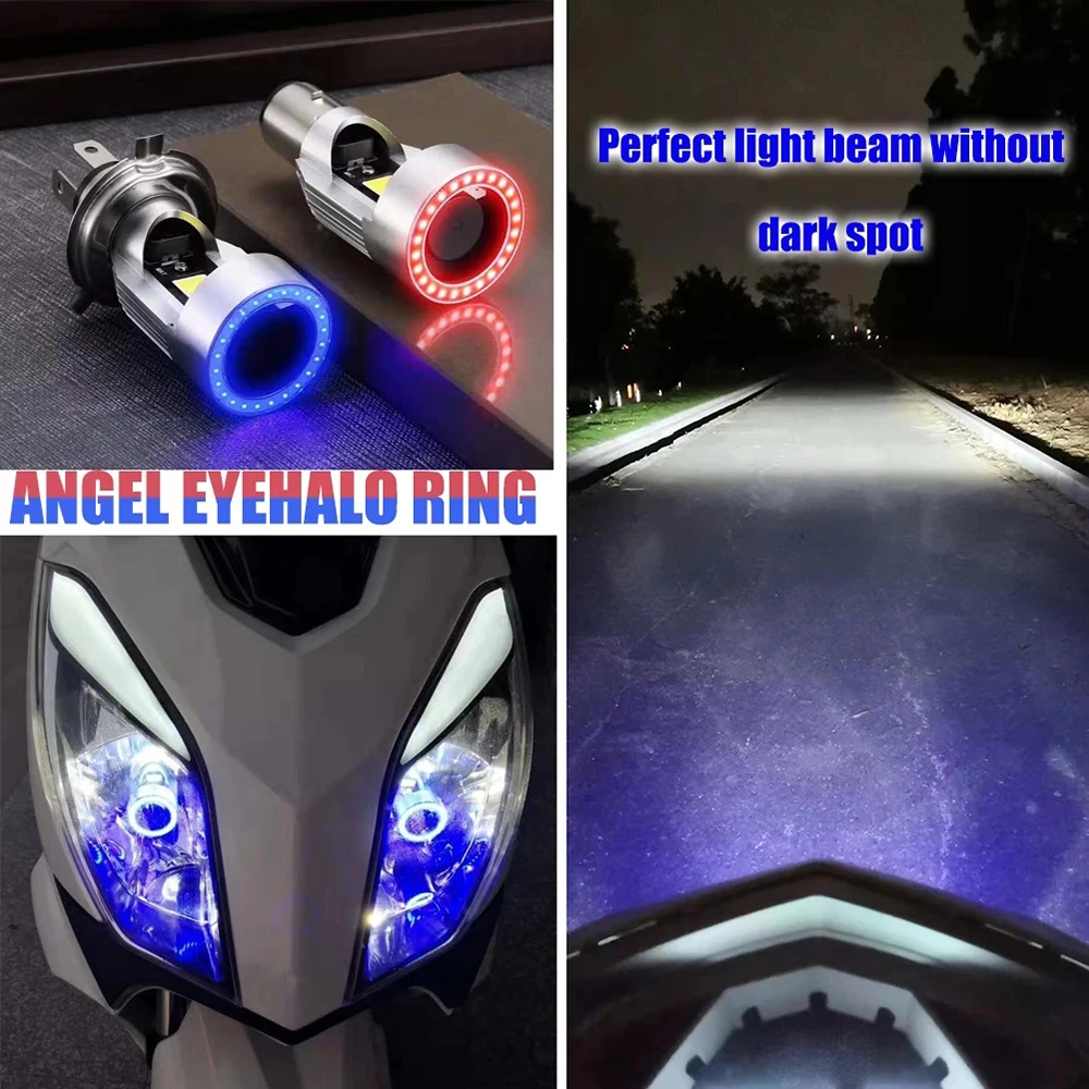 Blue/Red Angel Eye H4 LED Motorcycle Headlight Ba20d HS1 H6 Scooter Motorbike Headlamp Light Bulb DRL Accessories DC 12-80V