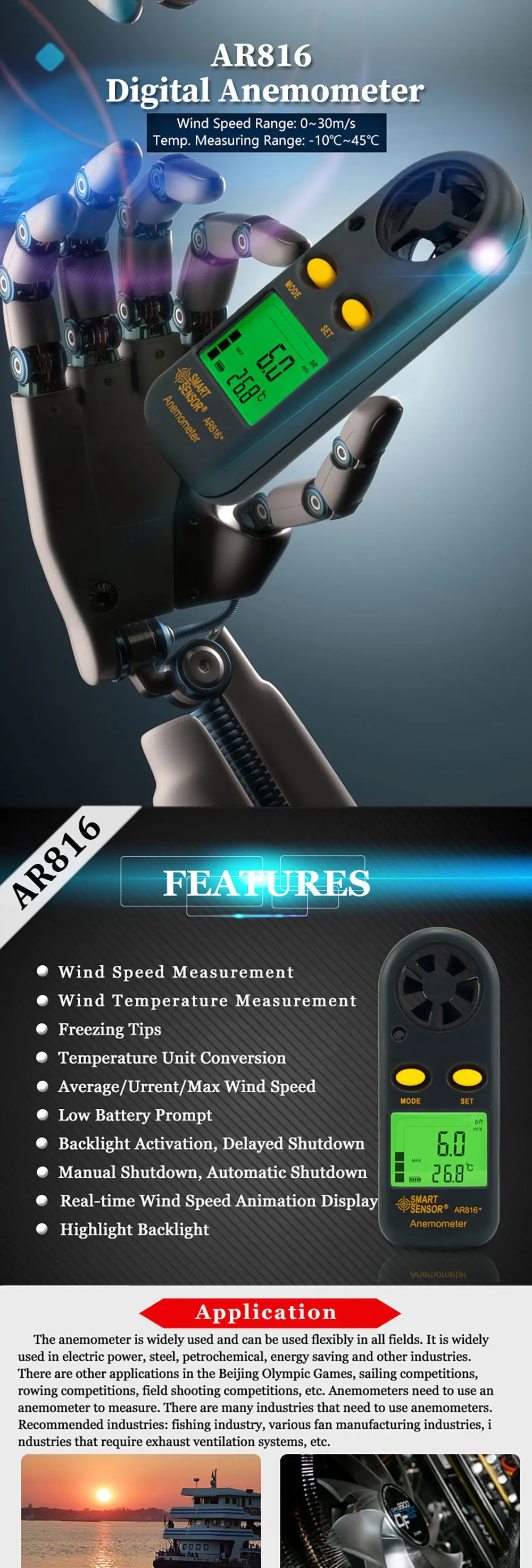 SMART SENSOR AR816+ Portable Digital LCD Wind Speed Anemometer Handheld Wind Speed Meter Air Speed Tester wind speed Detector