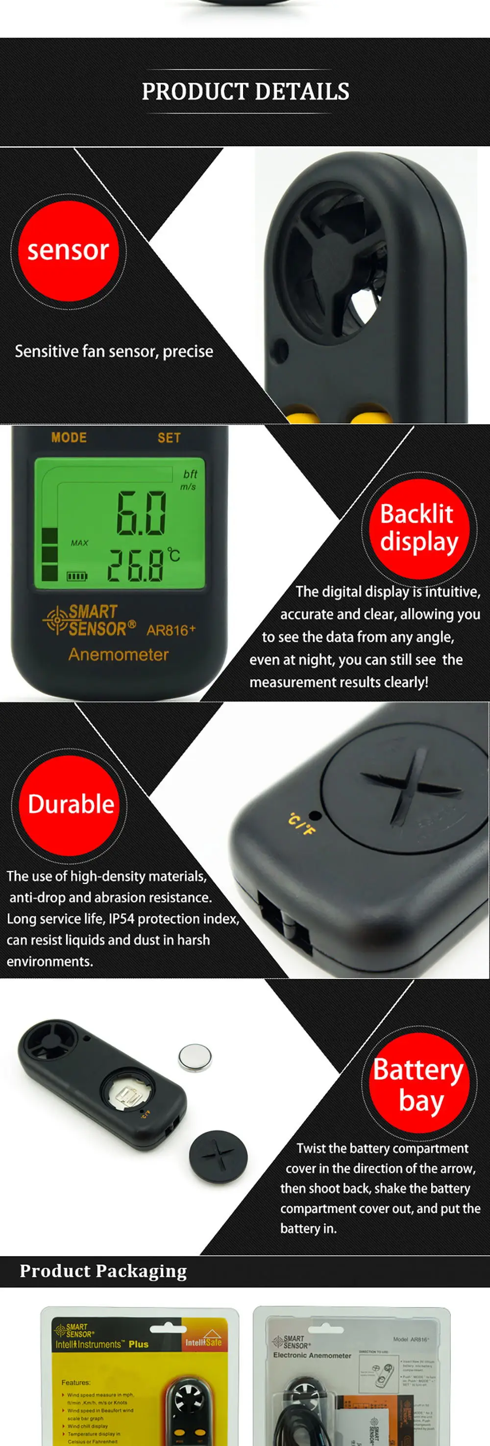 SMART SENSOR AR816+ Portable Digital LCD Wind Speed Anemometer Handheld Wind Speed Meter Air Speed Tester wind speed Detector