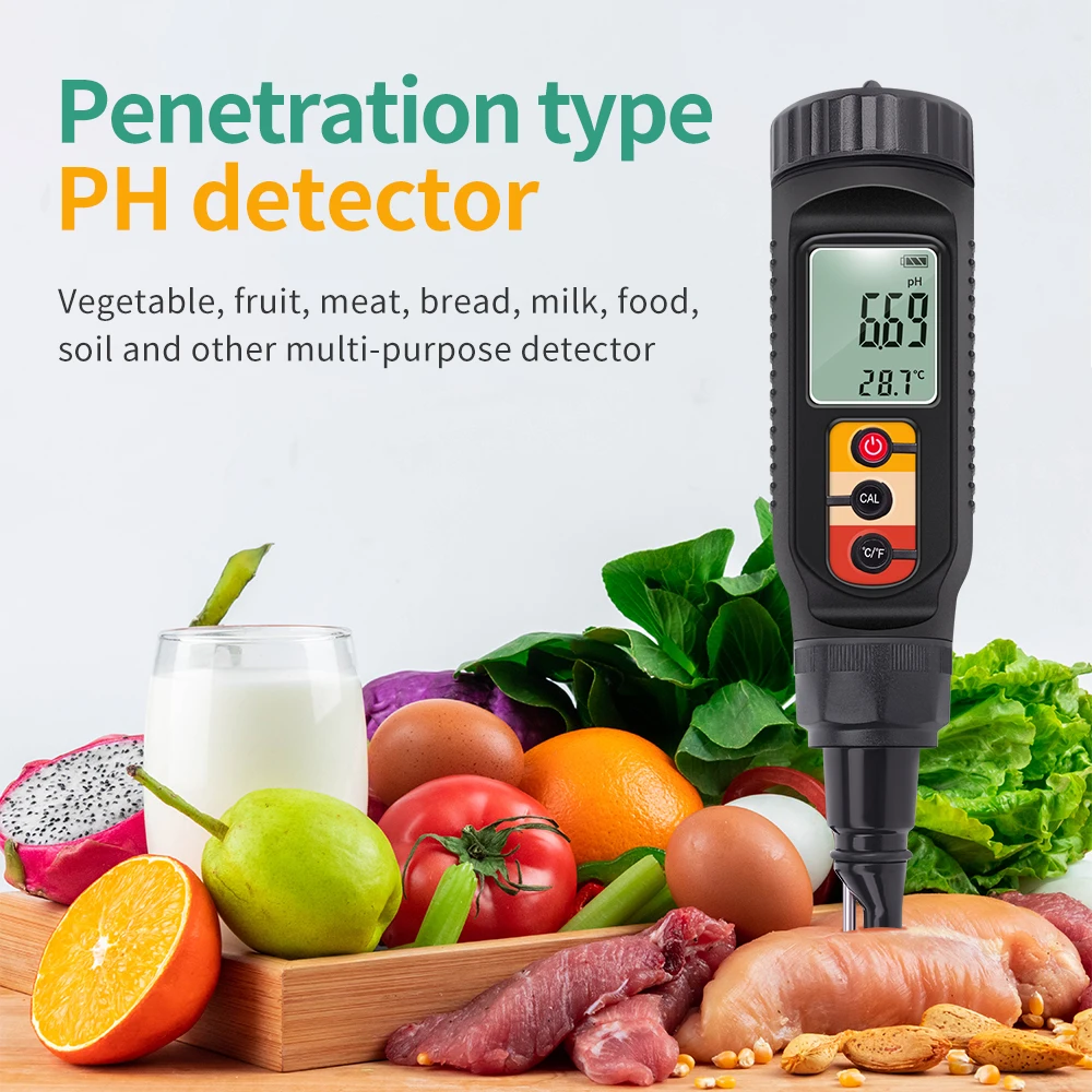 Food PH Meter 0.00~14.00pH Professional Temp pH Tester High Accuracy Sensor Soil Acidity Analyzer for Meat Canning Cheese Dough