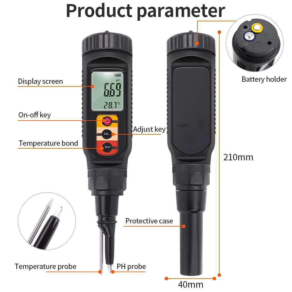 Food PH Meter 0.00~14.00pH Professional Temp pH Tester High Accuracy Sensor Soil Acidity Analyzer for Meat Canning Cheese Dough