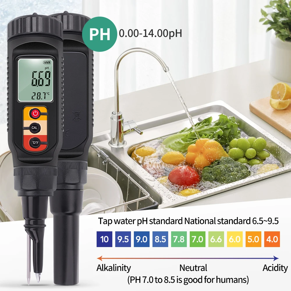 Food PH Meter 0.00~14.00pH Professional Temp pH Tester High Accuracy Sensor Soil Acidity Analyzer for Meat Canning Cheese Dough