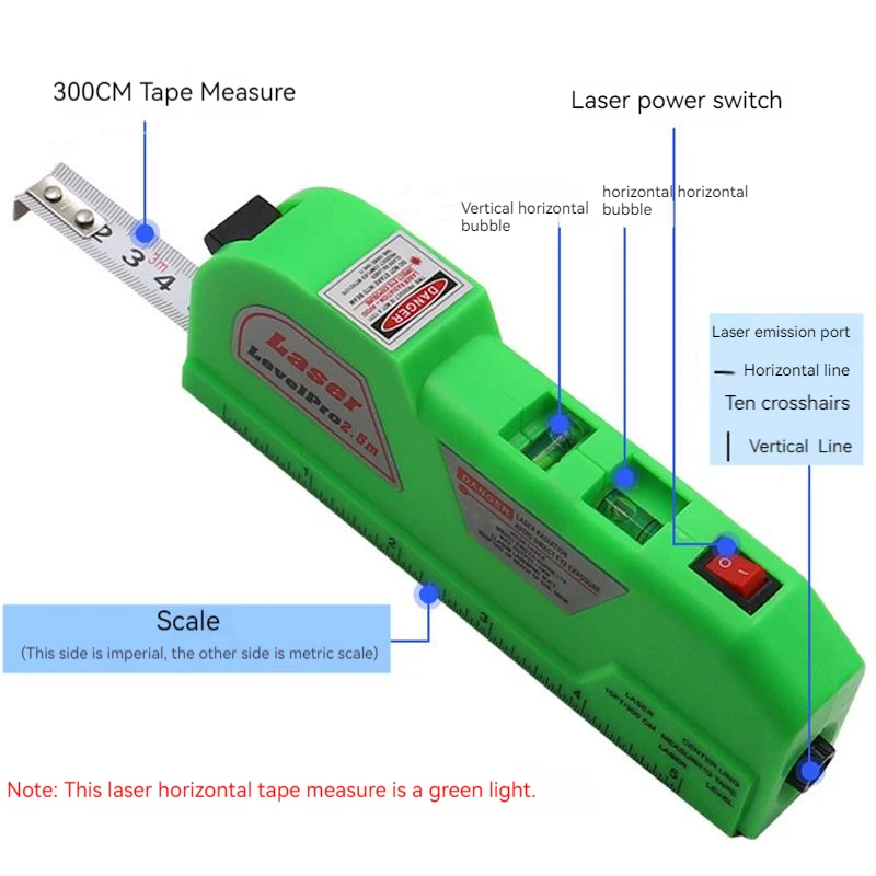 250/300cm  4 In1 Laser Level Tape Measure High Power Green Red Cross Line Lasers Level Aligner for Construction Measure Tools