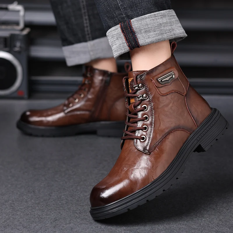 Genuine Leather Men Boots Breathable High Top Shoes Outdoor Casual Men Shoes Autumn Snow Boots Men Lace-Up Male Military Boots