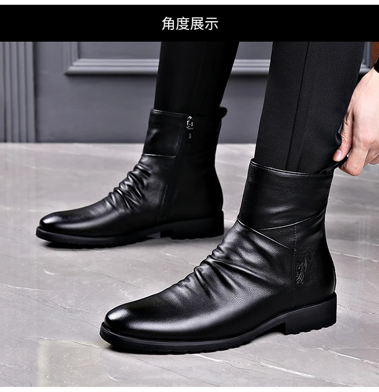 Martin Boots Mens Genuine Leather Mid Top Winter Vintage Plush Warm Soft Leather High Top British Side Zipper Chelsea Boots