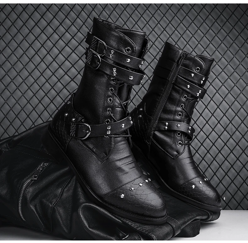 Boots men's spring and summer leather shoes British style retro black tooling boots men's high fashion boots