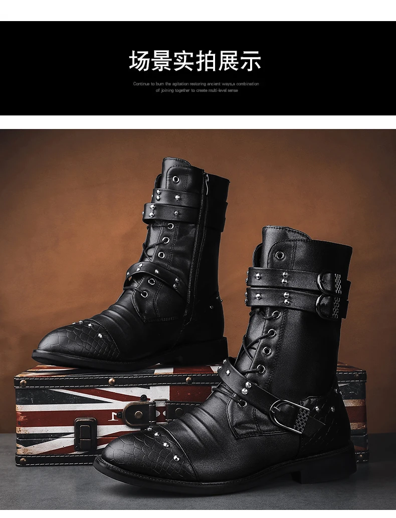 Boots men's spring and summer leather shoes British style retro black tooling boots men's high fashion boots