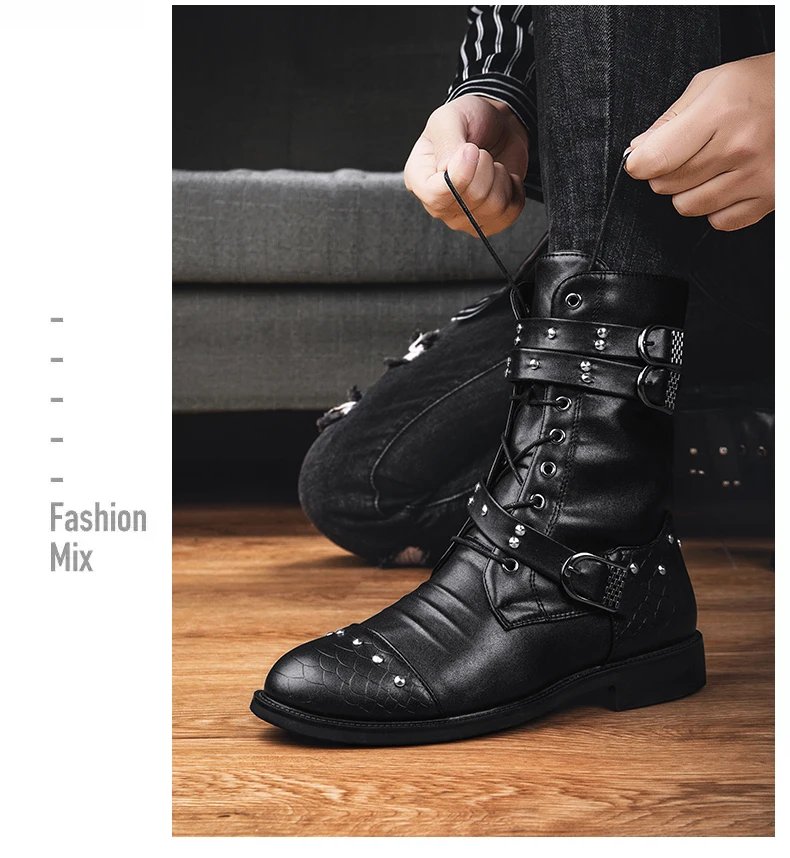 Boots men's spring and summer leather shoes British style retro black tooling boots men's high fashion boots