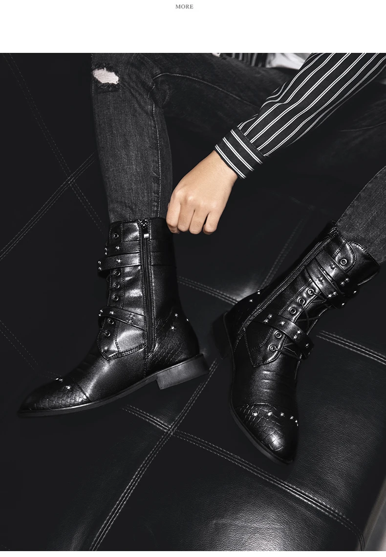 Boots men's spring and summer leather shoes British style retro black tooling boots men's high fashion boots