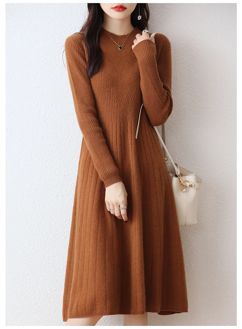 100% pure wool vestido feminino Hot Sale 2023 Winter New Fashion Cashmere Dresses Female O-neck  Wool Clothing DR01