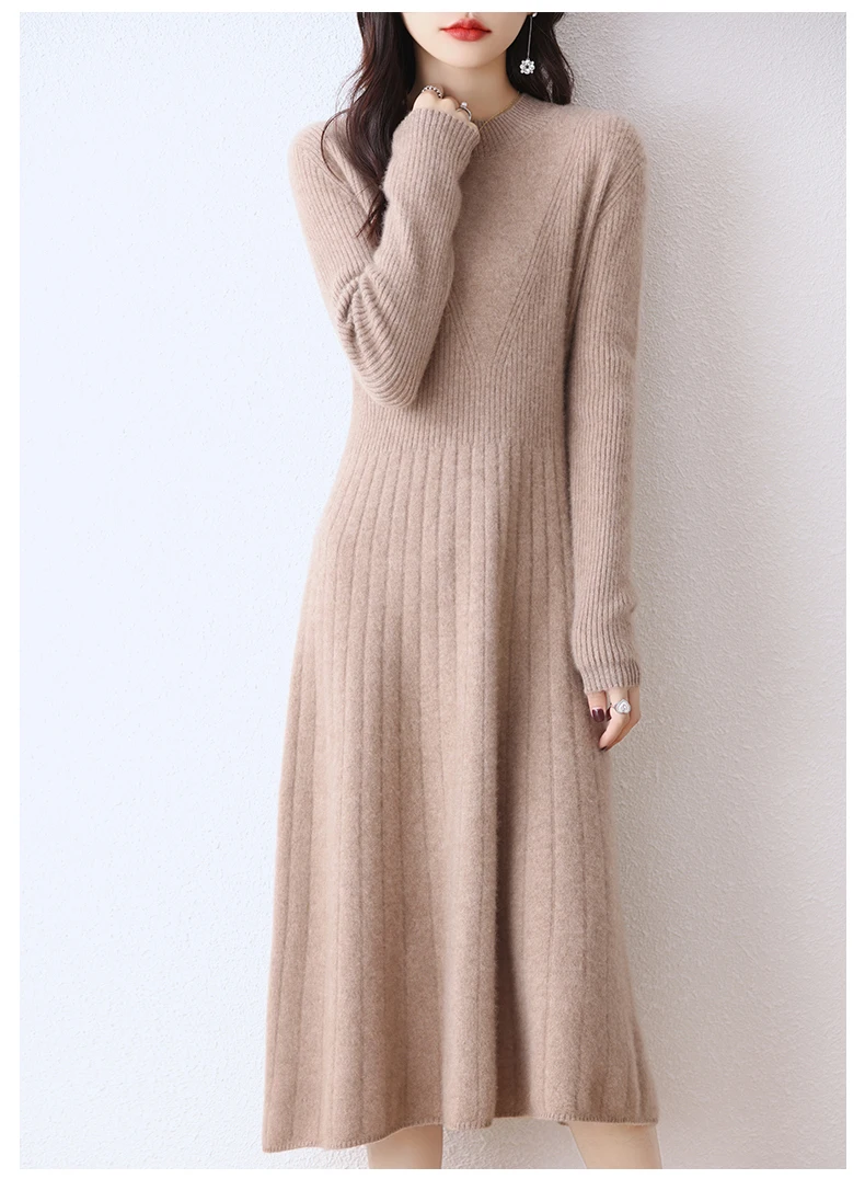 100% pure wool vestido feminino Hot Sale 2023 Winter New Fashion Cashmere Dresses Female O-neck  Wool Clothing DR01