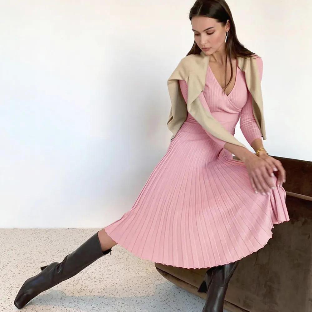 Elegant Knitted A-line Patchwork Sweater Dress Women Casual V-neck High Waist Pleated Dress Female Thick Vintage Party Dresses