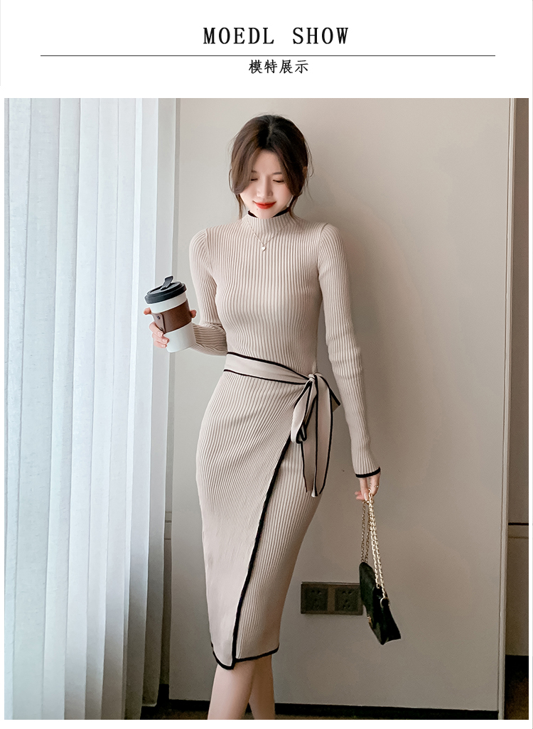Women Knitted Dress New Autumn Winter Slim Lace-Up Long Sleeve Bottoming Sweater Skirt Elegant Fashion Office Female Vestidos