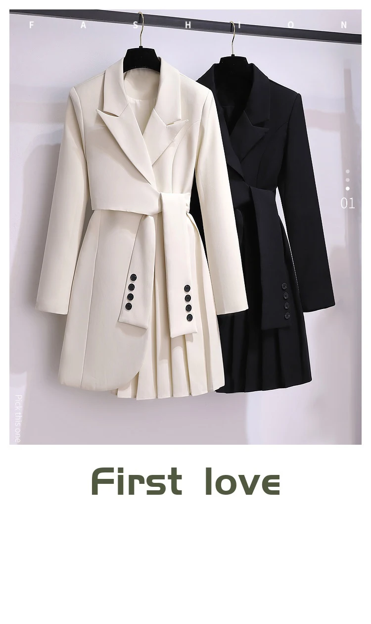 New 2024 Suit Dress Long Sleeve Korean Fashion Khaki White Or Black Dresses With Belt Pleated Winter Outfits For Women Hot Sale