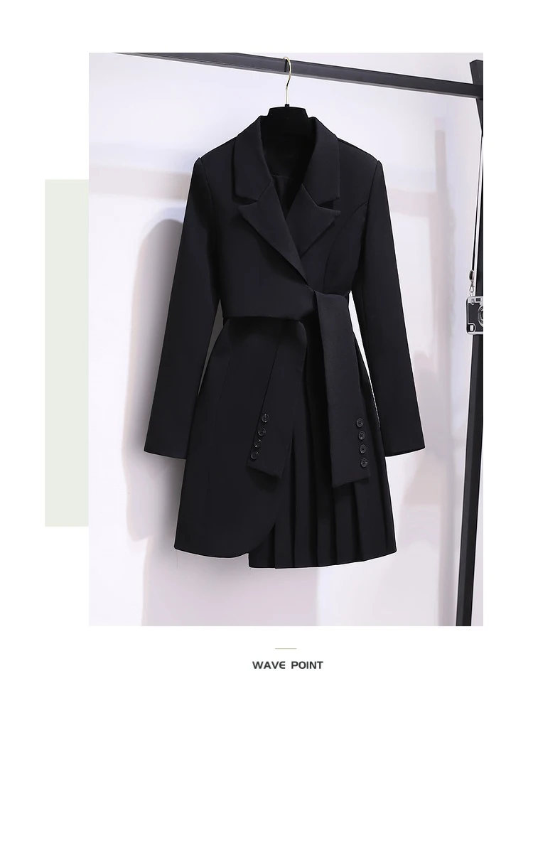 New 2024 Suit Dress Long Sleeve Korean Fashion Khaki White Or Black Dresses With Belt Pleated Winter Outfits For Women Hot Sale