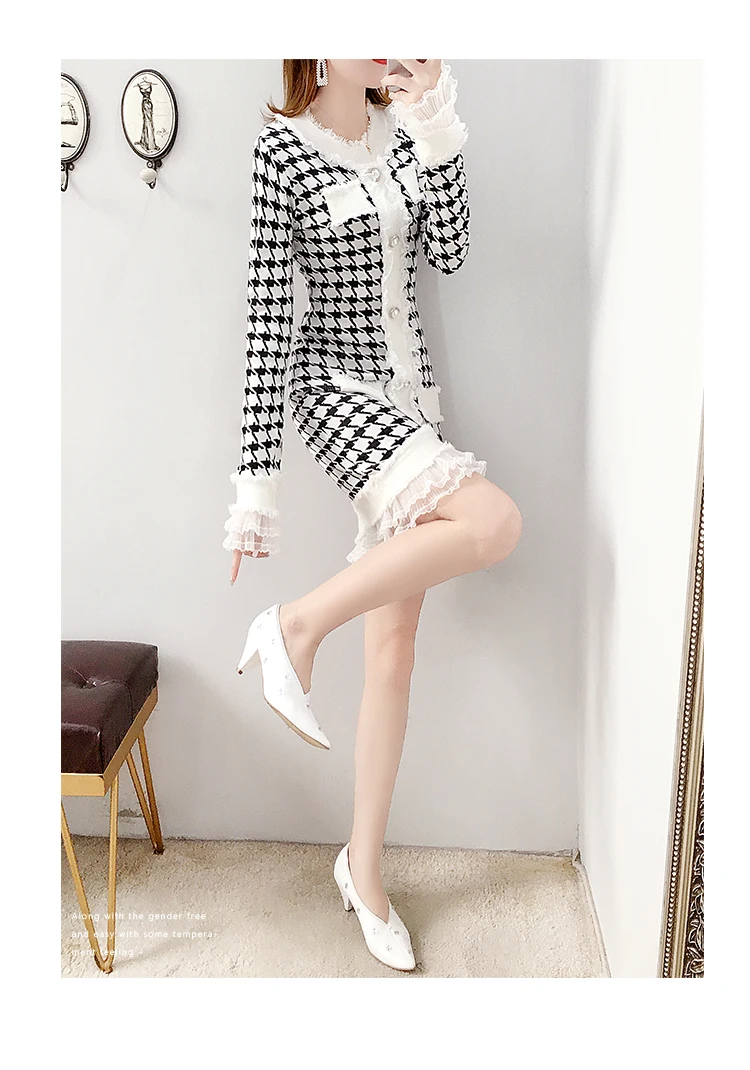 Autumn Fashion Long Sleeve Sweater Dresses Women Elegant Vintage Houndstooth Dress Ladies Runway Mesh Patchwork Knitted Dress