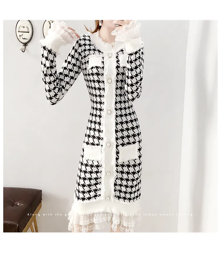 Autumn Fashion Long Sleeve Sweater Dresses Women Elegant Vintage Houndstooth Dress Ladies Runway Mesh Patchwork Knitted Dress