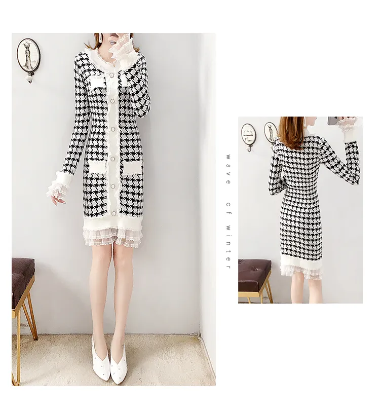 Autumn Fashion Long Sleeve Sweater Dresses Women Elegant Vintage Houndstooth Dress Ladies Runway Mesh Patchwork Knitted Dress