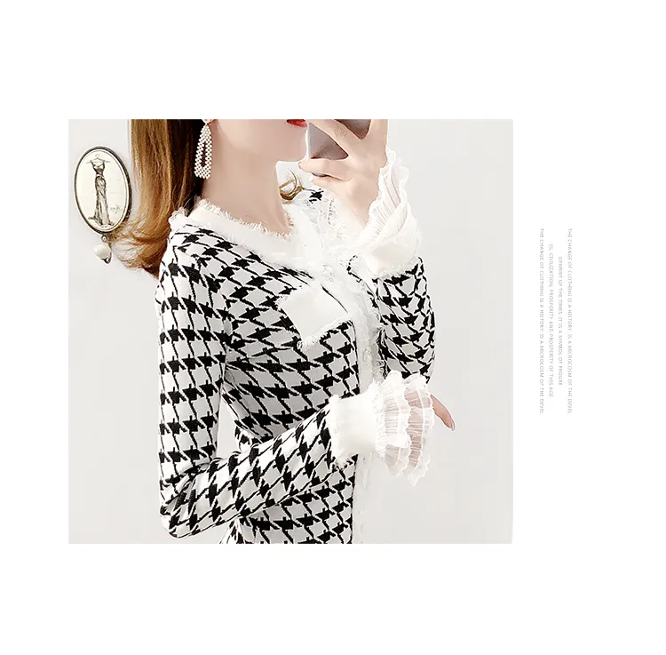 Autumn Fashion Long Sleeve Sweater Dresses Women Elegant Vintage Houndstooth Dress Ladies Runway Mesh Patchwork Knitted Dress