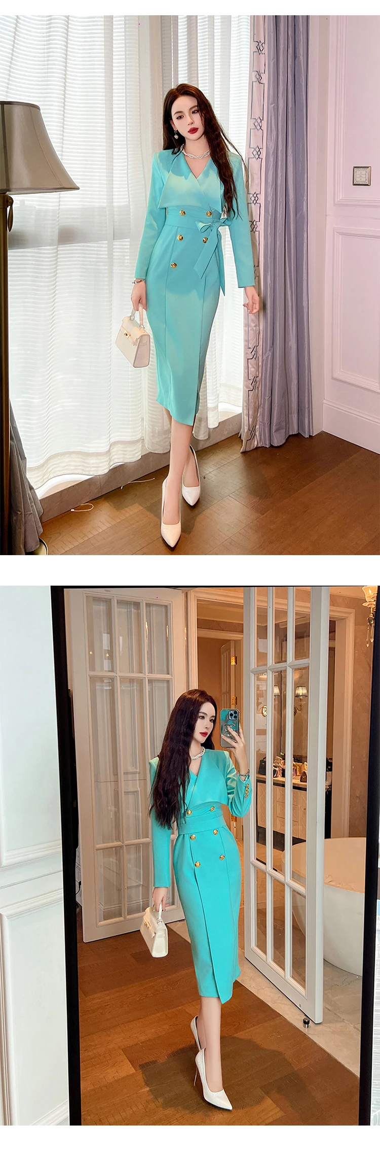 Elegant Formal Professional Long Dress Women's Celebrity Business Belt Lace up Double Breasted Slit Robe Office Lady Vestidos