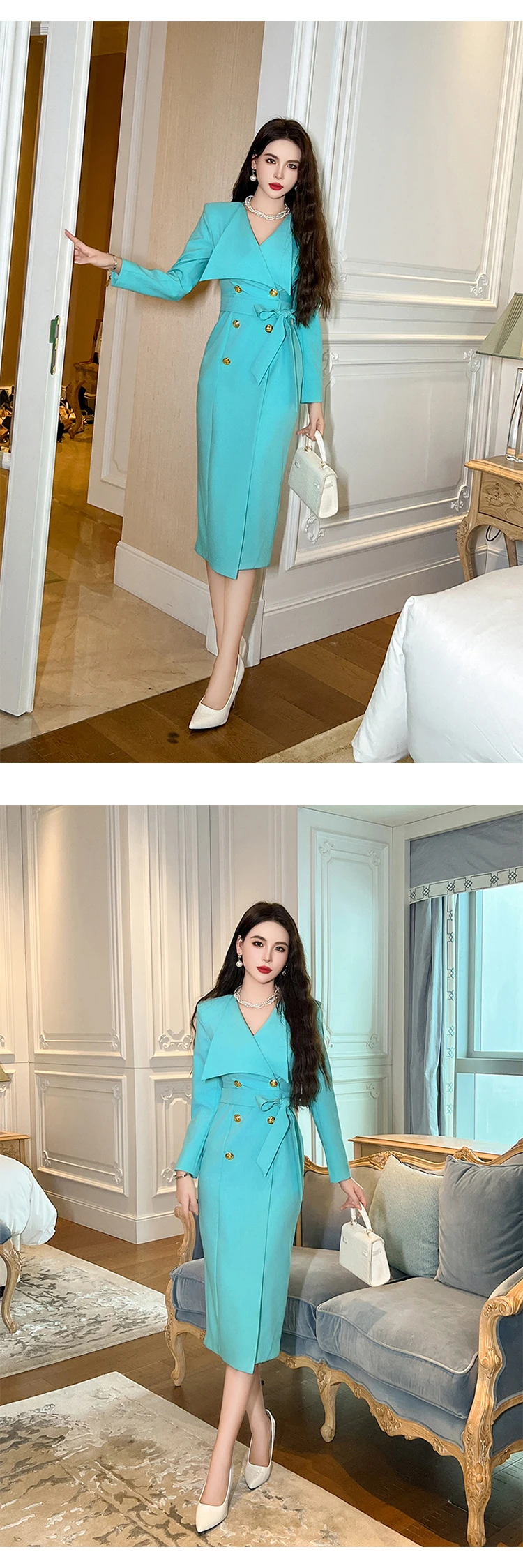 Elegant Formal Professional Long Dress Women's Celebrity Business Belt Lace up Double Breasted Slit Robe Office Lady Vestidos