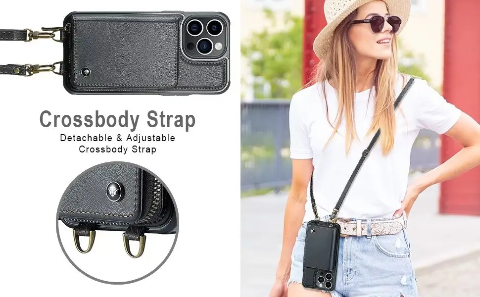 Luxury Zipper Wallet Crossbody Long Strap Leather Case For iPhone 14 Pro Max 13 12 Pro 11 15 Plus Card Slot Stand Holder Cover