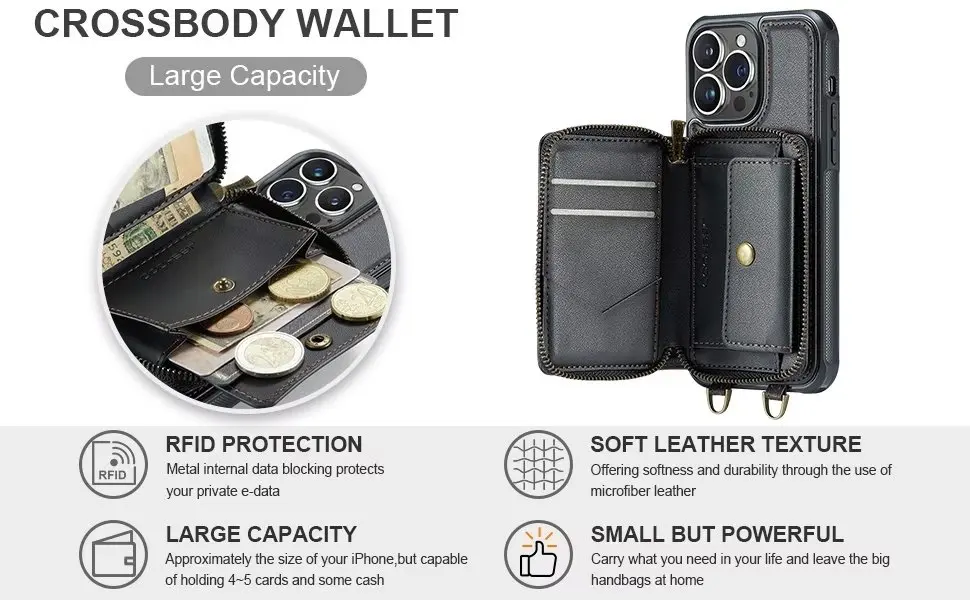Luxury Zipper Wallet Crossbody Long Strap Leather Case For iPhone 14 Pro Max 13 12 Pro 11 15 Plus Card Slot Stand Holder Cover
