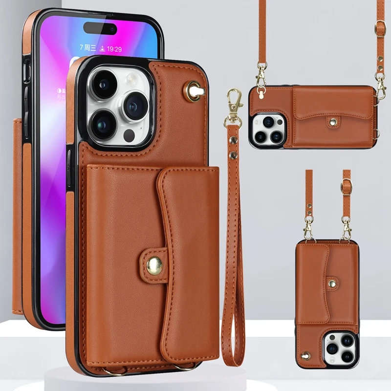 Wallet Case For iPhone 15 Plus 14 Pro 13 Mini 12 Pro Max 11 Pro Max SE 2020 XS XR 8 7 Diagonal Strap With Bracket Leather Cover
