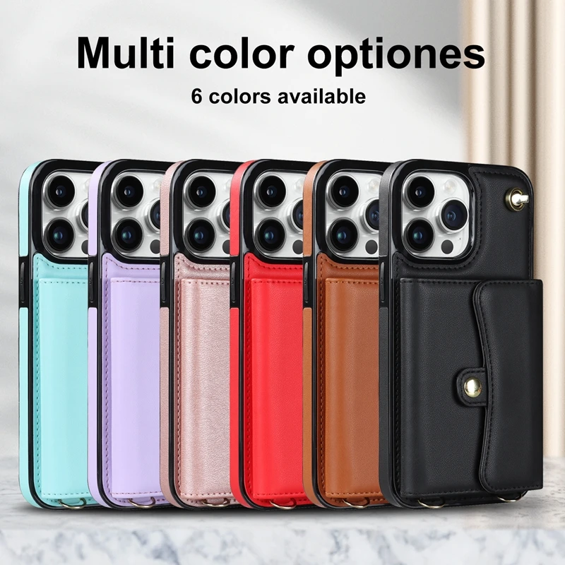 Wallet Case For iPhone 15 Plus 14 Pro 13 Mini 12 Pro Max 11 Pro Max SE 2020 XS XR 8 7 Diagonal Strap With Bracket Leather Cover