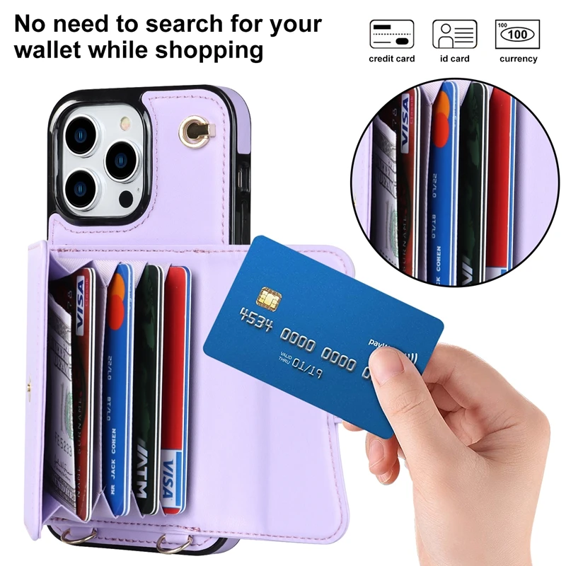 Wallet Case For iPhone 15 Plus 14 Pro 13 Mini 12 Pro Max 11 Pro Max SE 2020 XS XR 8 7 Diagonal Strap With Bracket Leather Cover