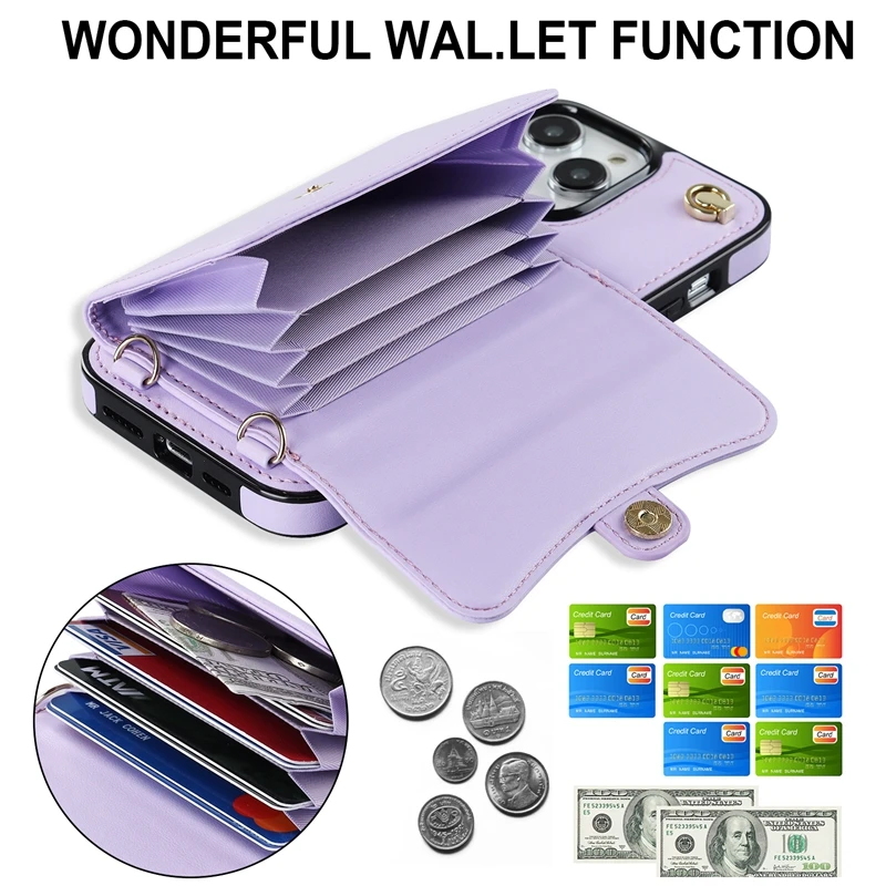 Wallet Case For iPhone 15 Plus 14 Pro 13 Mini 12 Pro Max 11 Pro Max SE 2020 XS XR 8 7 Diagonal Strap With Bracket Leather Cover