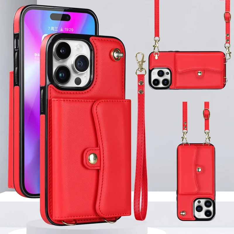 Wallet Case For iPhone 15 Plus 14 Pro 13 Mini 12 Pro Max 11 Pro Max SE 2020 XS XR 8 7 Diagonal Strap With Bracket Leather Cover