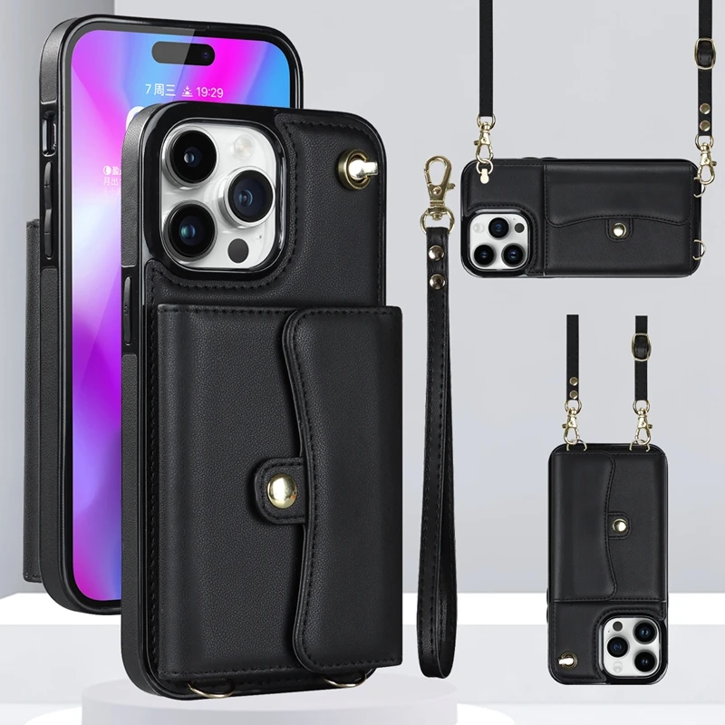 Wallet Case For iPhone 15 Plus 14 Pro 13 Mini 12 Pro Max 11 Pro Max SE 2020 XS XR 8 7 Diagonal Strap With Bracket Leather Cover