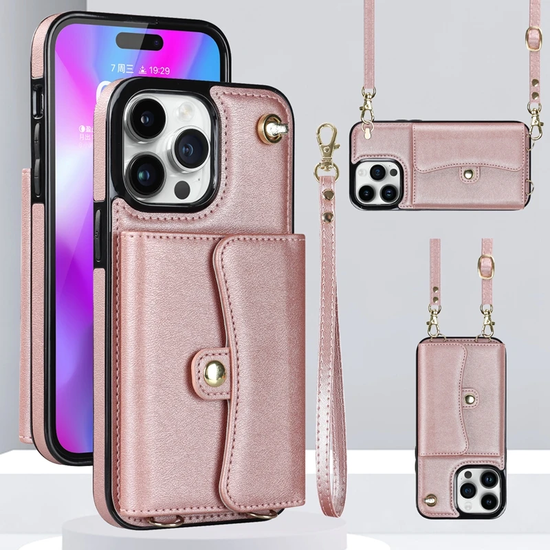 Wallet Case For iPhone 15 Plus 14 Pro 13 Mini 12 Pro Max 11 Pro Max SE 2020 XS XR 8 7 Diagonal Strap With Bracket Leather Cover