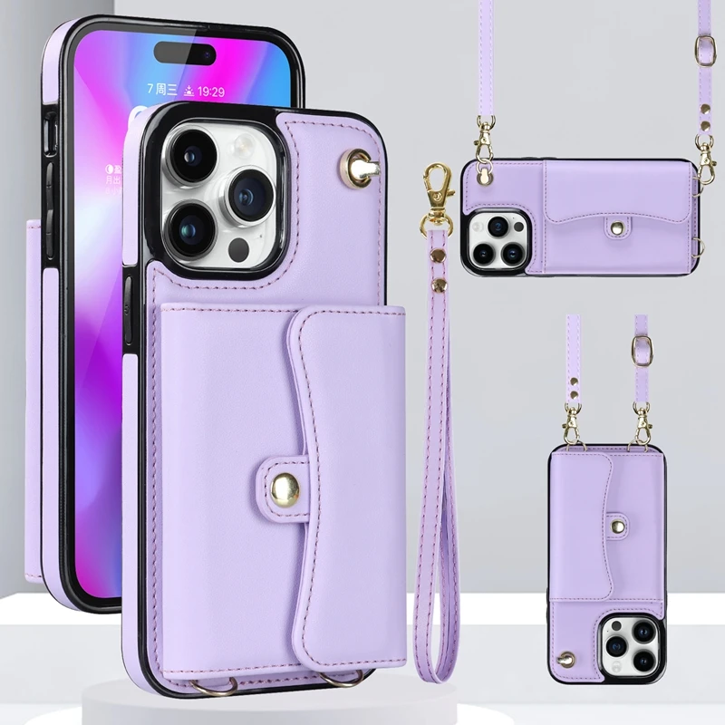 Wallet Case For iPhone 15 Plus 14 Pro 13 Mini 12 Pro Max 11 Pro Max SE 2020 XS XR 8 7 Diagonal Strap With Bracket Leather Cover