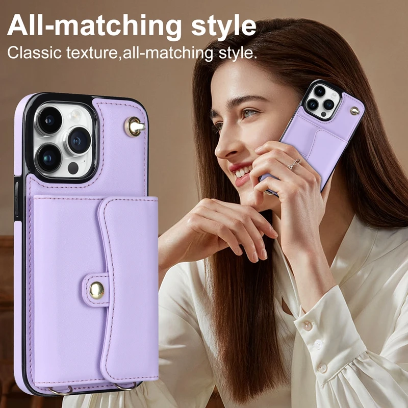 Wallet Case For iPhone 15 Plus 14 Pro 13 Mini 12 Pro Max 11 Pro Max SE 2020 XS XR 8 7 Diagonal Strap With Bracket Leather Cover