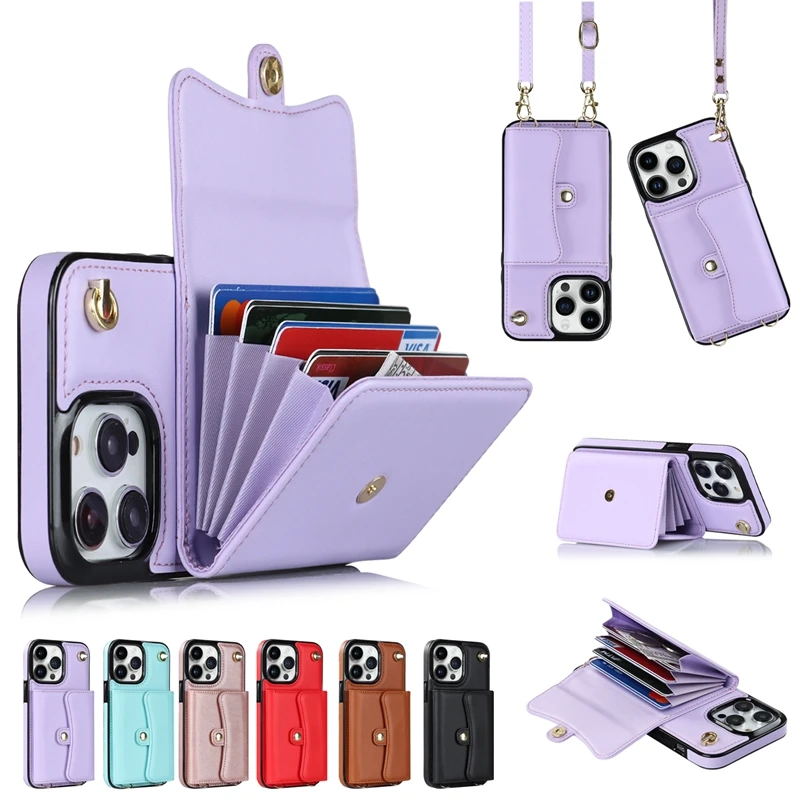 Wallet Case For iPhone 15 Plus 14 Pro 13 Mini 12 Pro Max 11 Pro Max SE 2020 XS XR 8 7 Diagonal Strap With Bracket Leather Cover