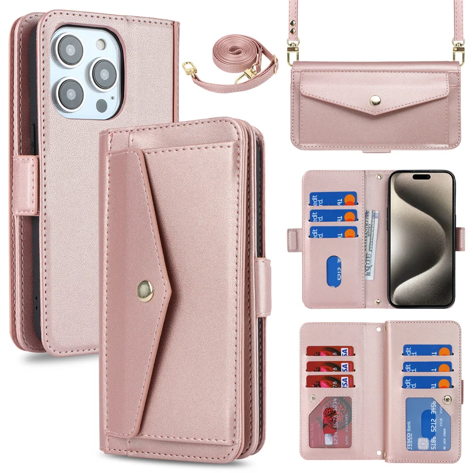 Crossbody Lanyard Wallet Phone Case For iPhone 15 14 Plus 13 12 11 Pro Max Credit Card Slot Holder Stand Faux PU Leather Cover