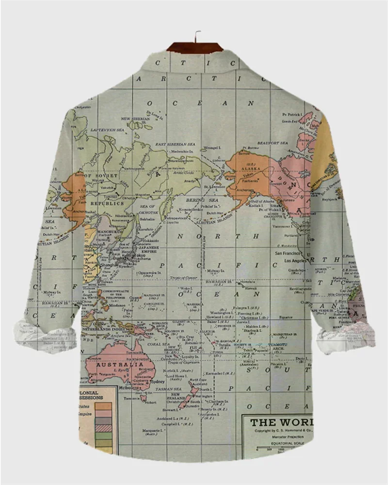 2024 New Mercator Projection Green World Map Printed Men's Long Sleeve Shirt Plus Size S-6XL