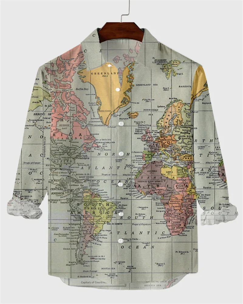 2024 New Mercator Projection Green World Map Printed Men's Long Sleeve Shirt Plus Size S-6XL