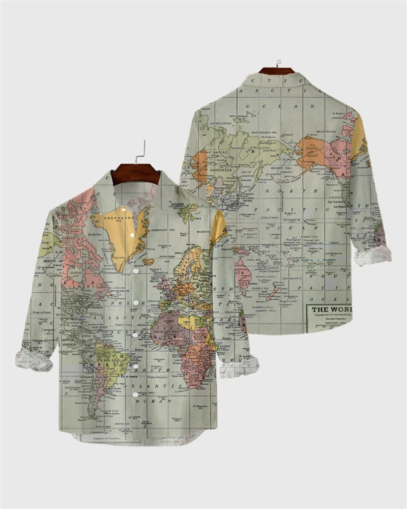 2024 New Mercator Projection Green World Map Printed Men's Long Sleeve Shirt Plus Size S-6XL